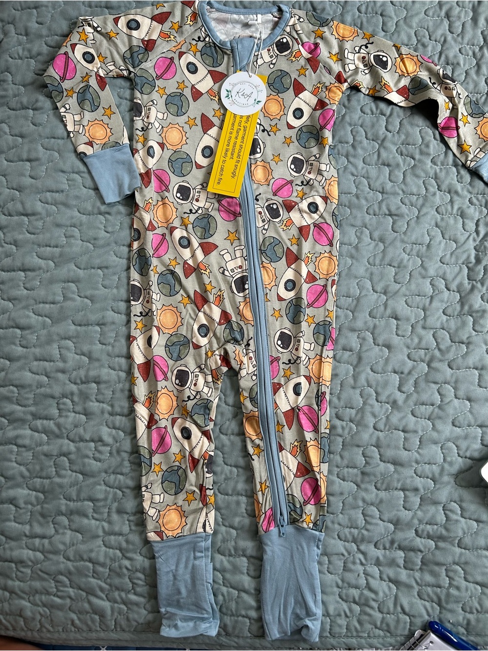Kids Space Rocket Zip Pajamas - Gray with Multicolor Prints